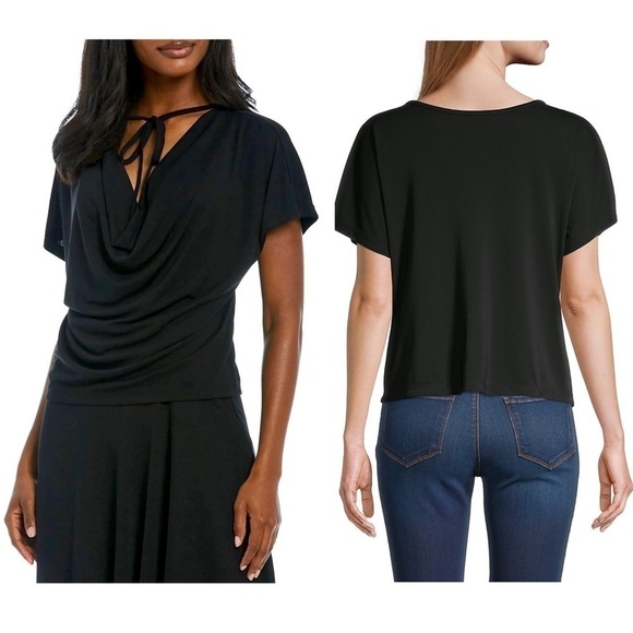 DONNA KARAN Short Sleeve Draped Cowl Neck Tie Front Relaxed Ballet Blouse L/XL - Picture 3 of 9